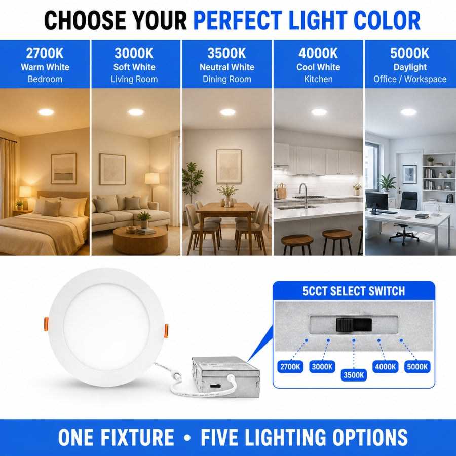 4 inch recessed can light fixture​ with color temperature options for different rooms. available at upgradetoled.com