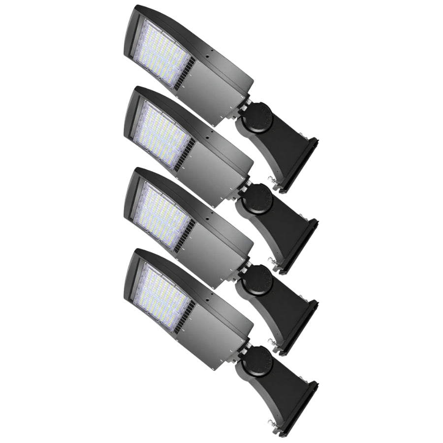 Four-pack of selectable LED parking lot lights with arm mounts for commercial outdoor area lighting