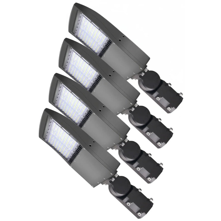 Four-pack of 80W 100W 150W selectable LED parking lot lights with slip fitter mounts