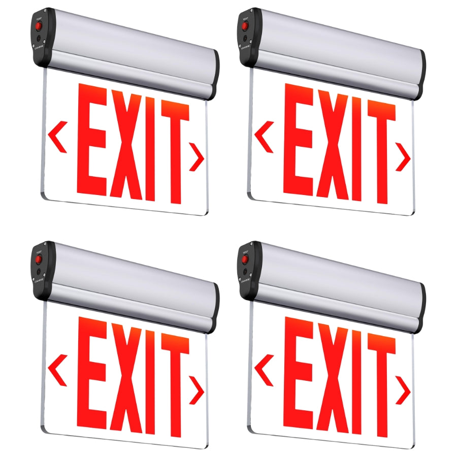 Four identical illuminated exit sign panels arranged in a 2x2 grid on a white background. Each panel shows a silver roller housing with a clear illuminated sign displaying the word EXIT in large red letters with red corner arrows.