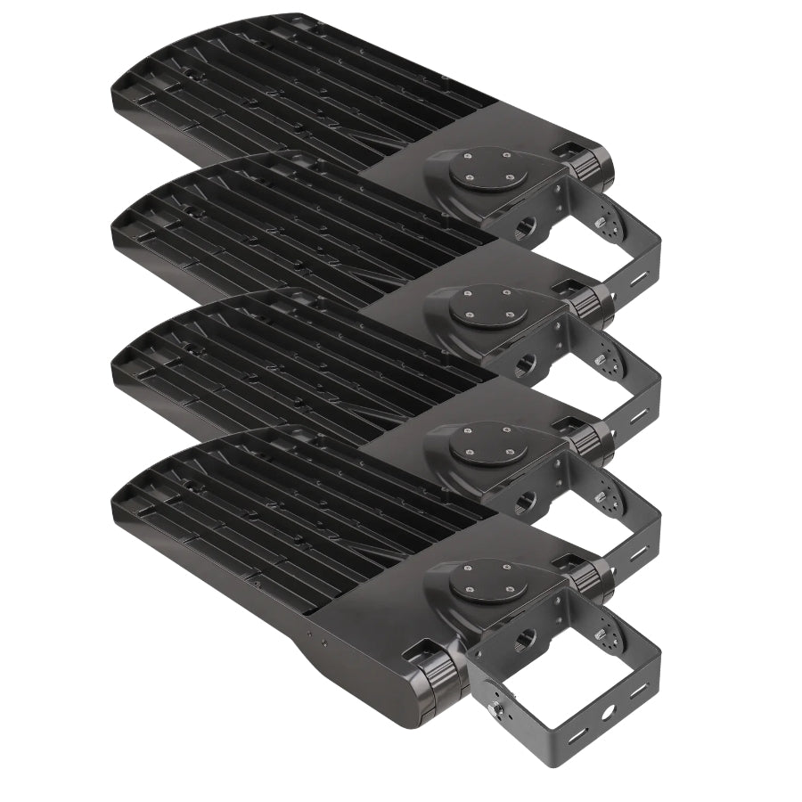 Four black high-bay outdoor LED light fixtures arranged in a staggered stack on a plain white background.