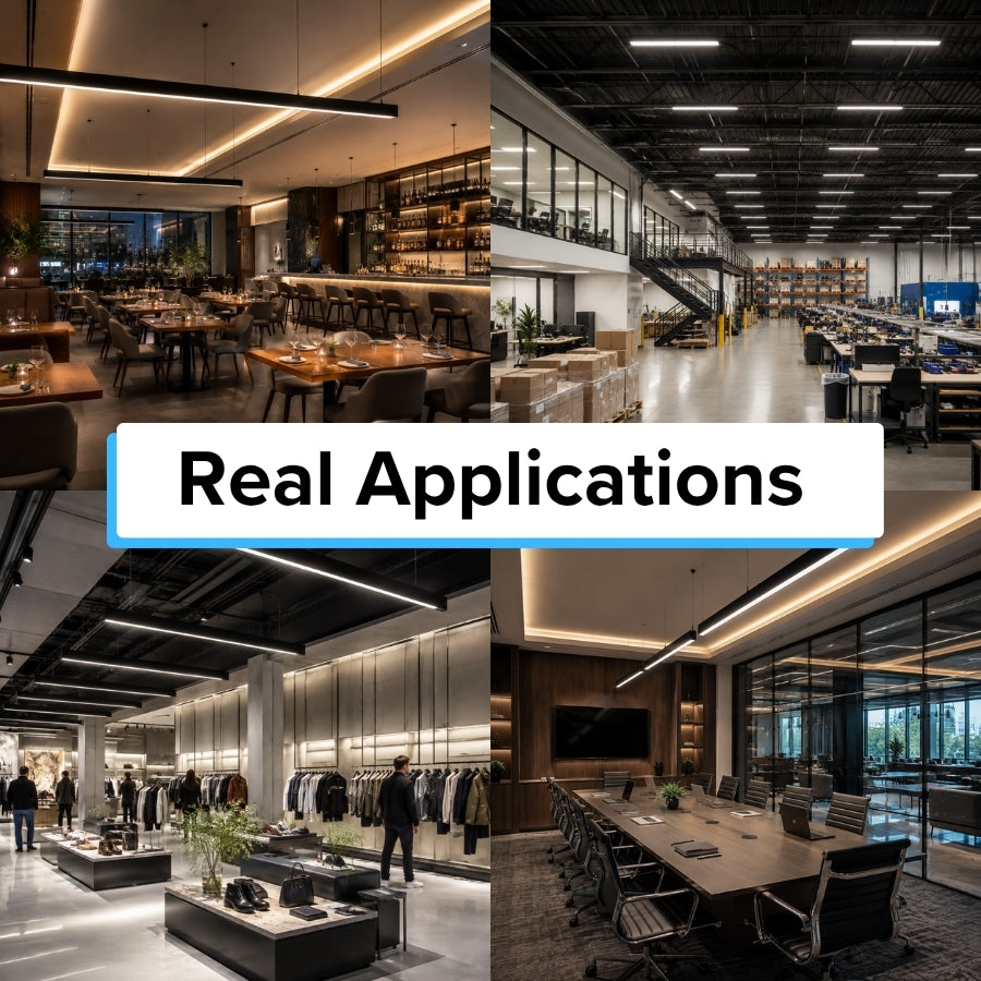 A four-panel collage showing modern interior spaces: a restaurant or bar, a large office workspace, a boutique clothing store, and a conference room. A large white banner across the center reads “Real Applications.