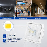 A square white LED ceiling light fixture shown on a light gray background with feature icons and text reading 130LM/W and HIGH EFFICACY UL DRIVER. Above the product, three inset photos show real-world application in a parking garage, store areas, and entryway, with blue labels underneath.