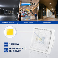 A square white LED ceiling light fixture shown on a light gray background with feature icons and text reading 130LM/W and HIGH EFFICACY UL DRIVER. Above the product, three inset photos show real-world application in a parking garage, store areas, and entryway, with blue labels underneath.