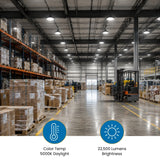 150W LED UFO High Bay Light – 22,500 Lumens, 5000K Daylight White, 150 lm/W, 0–10V Dimmable, 400W Metal Halide Equivalent, 120–277V, IP65 Waterproof, ETL & DLC Listed, 5-Year Warranty