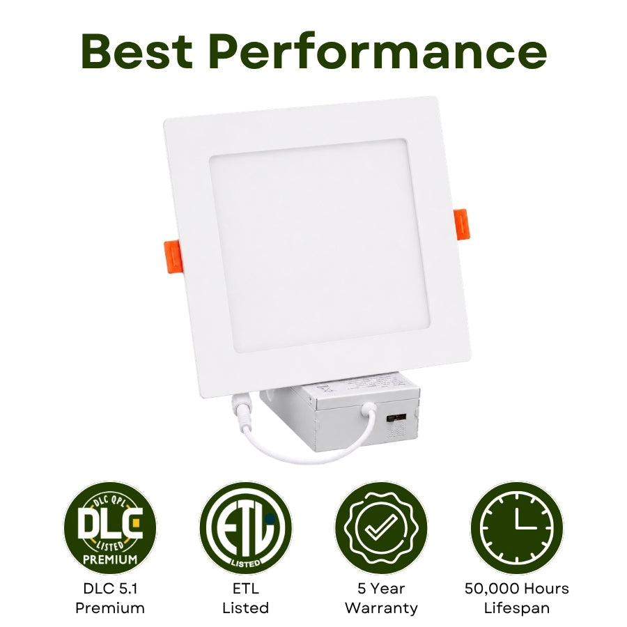 6-inch slim square LED recessed downlight with DLC 5.1 Premium, ETL listing, 5-year warranty, and 50,000-hour lifespan