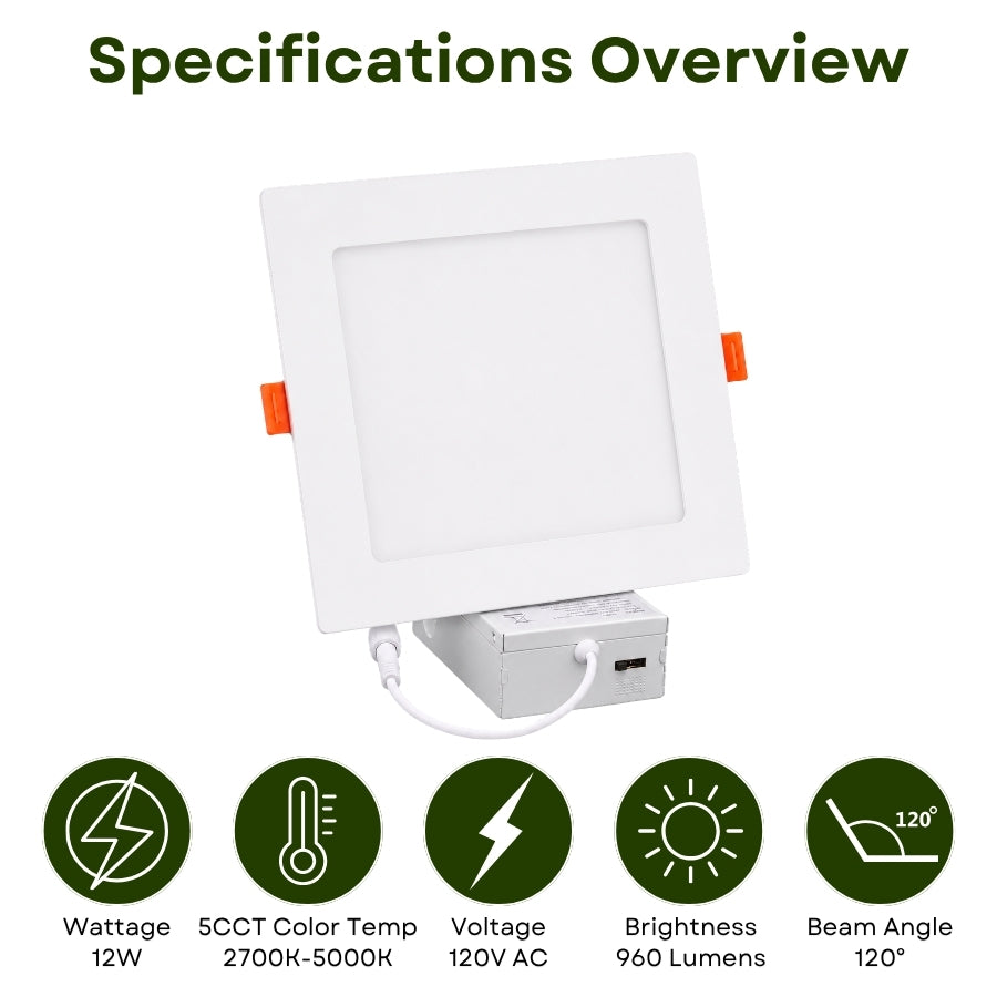 6-inch slim square LED recessed downlight specifications showing 12W, 960 lumens, 5CCT, 120V, and 120-degree beam angle