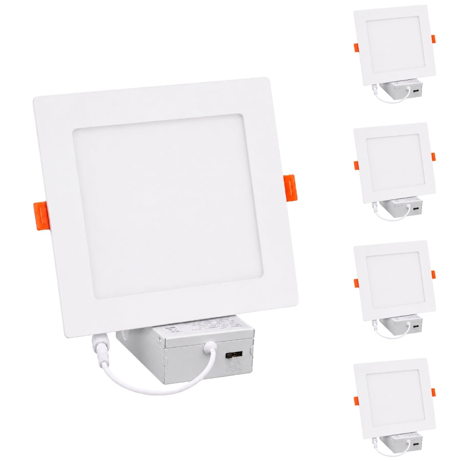 Multiple 6-inch square LED recessed downlights with white trim and integrated junction boxes for ceiling installation