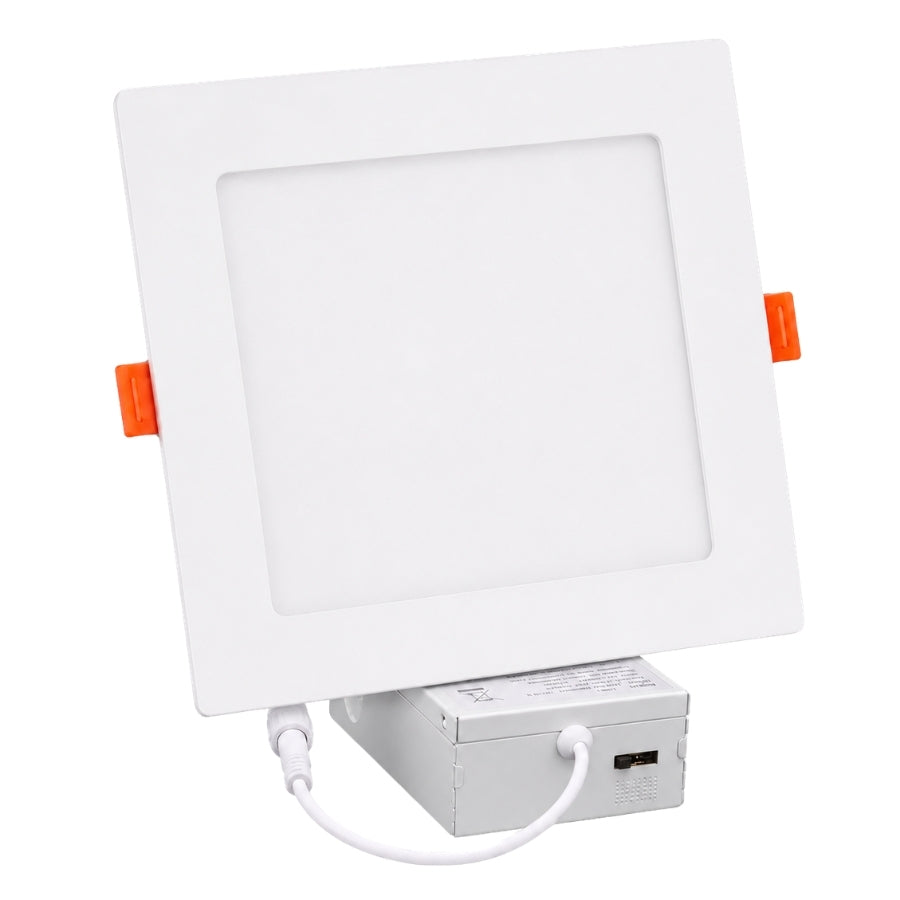 6-inch square LED recessed downlight with 12W power, white trim, junction box, and ultra-thin canless design