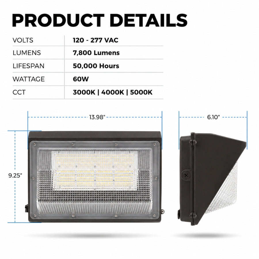 Product specifications and dimensions for the 60W Semi Cutoff LED Wall Pack featuring 7,800 lumens, 120-277V input, selectable CCT, and a 50,000-hour lifespan.