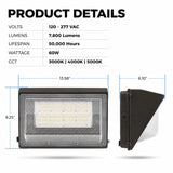 Product specifications and dimensions for the 60W Semi Cutoff LED Wall Pack featuring 7,800 lumens, 120-277V input, selectable CCT, and a 50,000-hour lifespan.