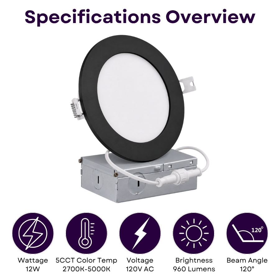 A round recessed LED light fixture shown with its metal junction box on a white background, under the heading 'Specifications Overview.' The fixture has a black circular frame and a white diffuser, with a silver-gray metal box below connected by a white cable.