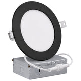 A recessed LED downlight fixture with a black circular frame, white diffuser, and silver metal electrical box on a white background.