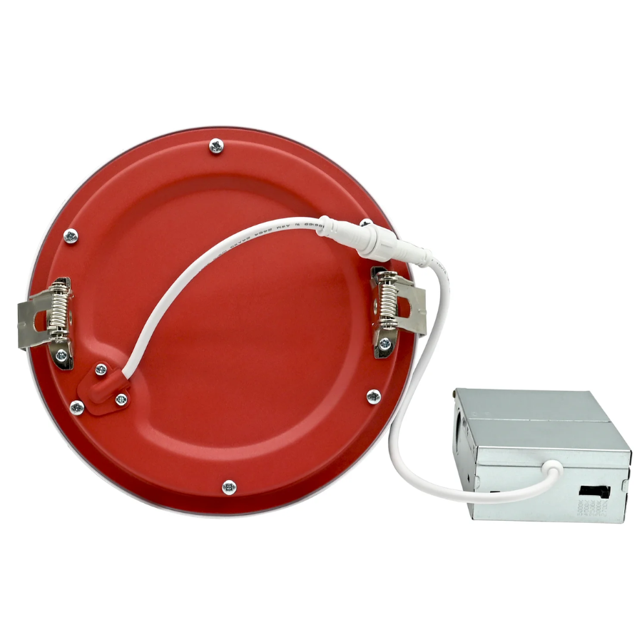 A red circular recessed light fixture shown from the back, with metal mounting brackets, a white power cord, and a silver metal junction box on a plain white background.