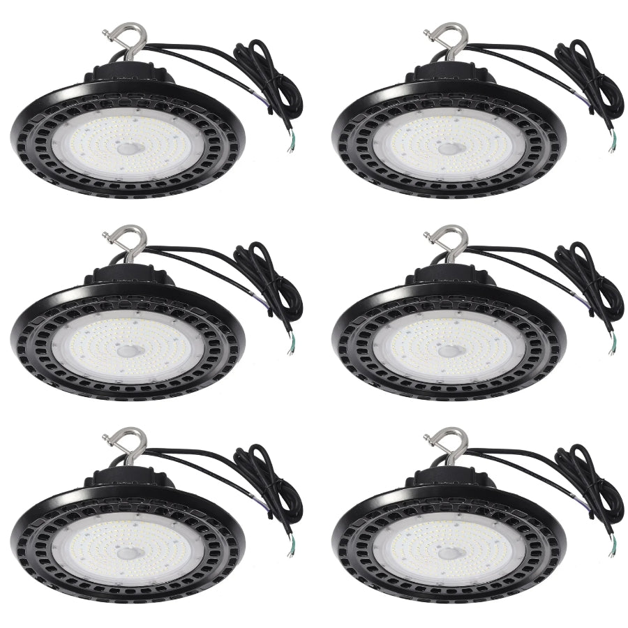 Six-pack of 150W UFO LED high bay lights with hook mount, 4000K neutral white illumination, and commercial-grade performance for large lighting projects.