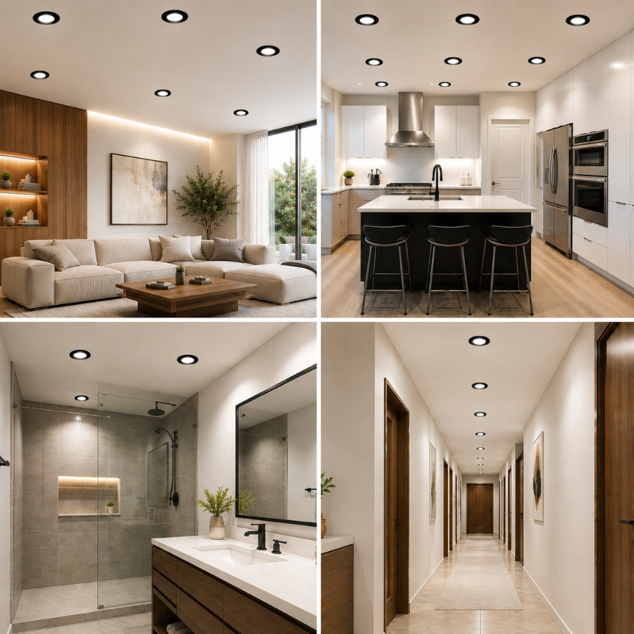 A four-panel collage showing modern interior spaces: a living room with a beige sectional and wood coffee table, a kitchen with a black island and stainless steel appliances, a bathroom with a glass shower enclosure and white vanity, and a long hallway with doors on both sides.