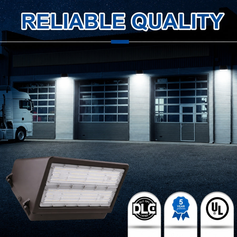 80W Full Cutoff LED Wall Pack installed on a commercial building providing 11,200 lumens, DLC Premium certification, built-in photocell, and reliable exterior security lighting.