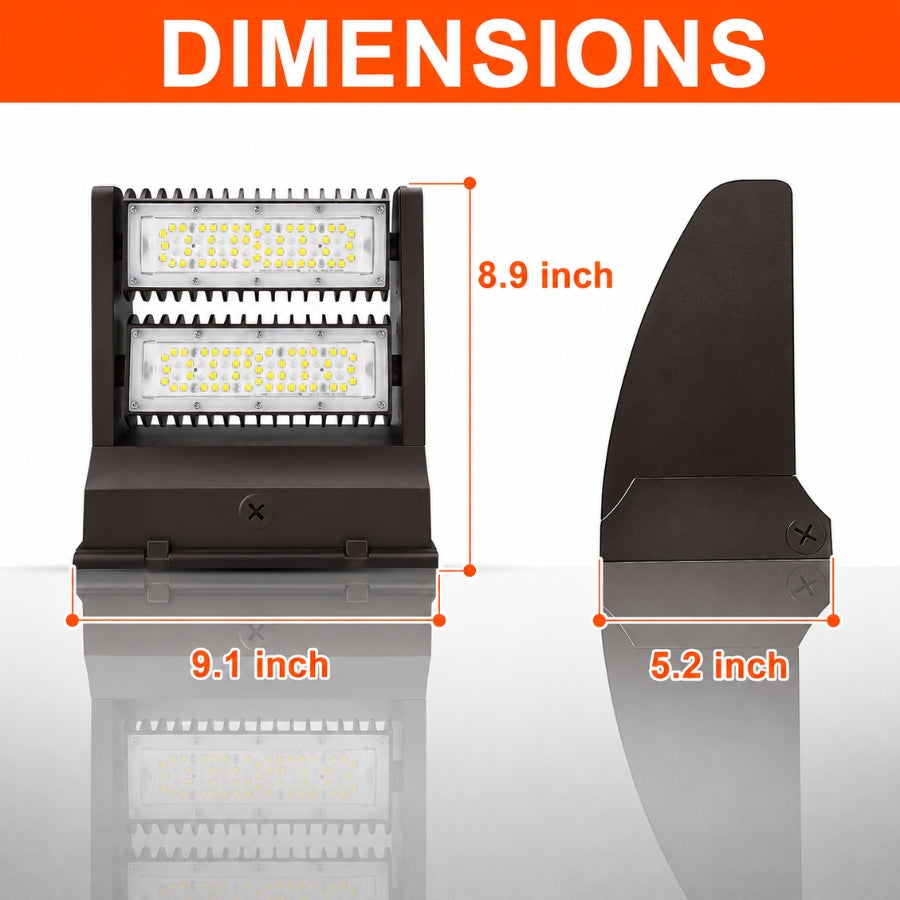 Product dimensions of the 80W Rotatable LED Wall Pack showing overall height, width, and depth for accurate installation planning and wall mounting.