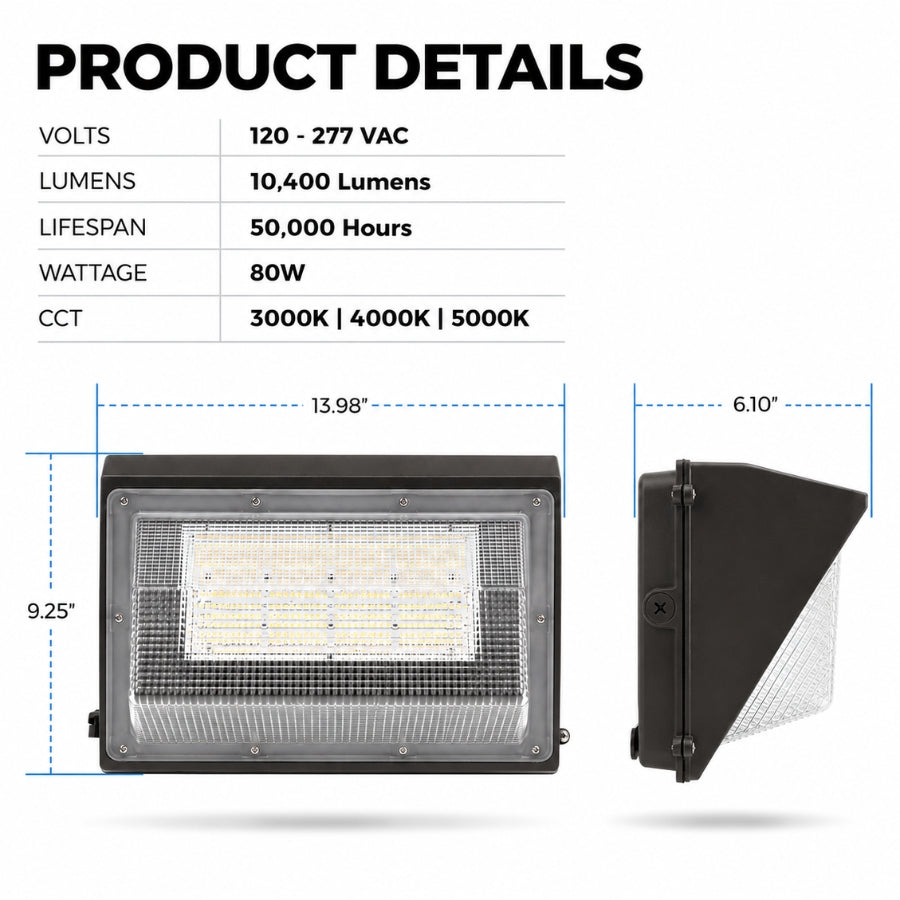 Product specifications and dimensions for the 80W Semi Cutoff LED Wall Pack featuring 10,400 lumens, 120-277V input, selectable CCT, and a 50,000-hour lifespan.