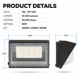 Product specifications and dimensions for the 80W Semi Cutoff LED Wall Pack featuring 10,400 lumens, 120-277V input, selectable CCT, and a 50,000-hour lifespan.