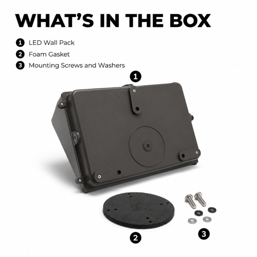 Package contents of the 80W Semi Cutoff LED Wall Pack including the fixture, foam gasket, and mounting screws with washers for quick commercial installation.