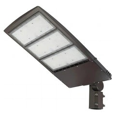 Angled front view of UpgradeToLED 450W LED shoebox light featuring adjustable slip fitter mount, 3CCT tunable color temperatures, Type III distribution, and up to 60,121 lumens output.