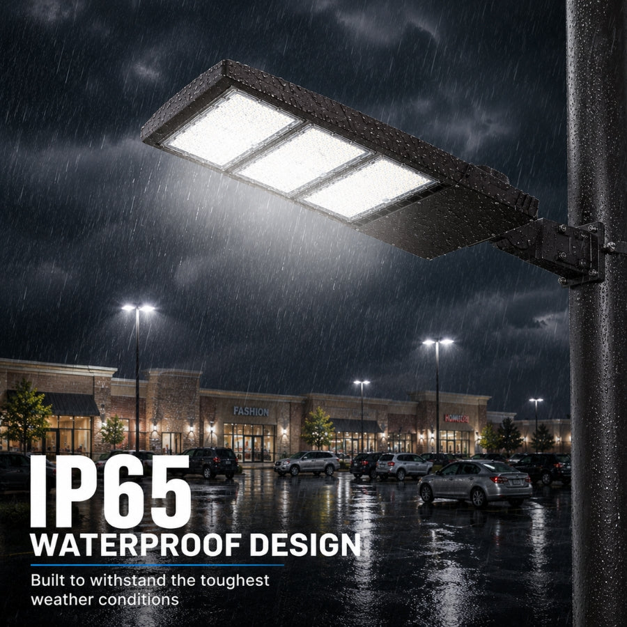UpgradeToLED 450W LED parking lot light operating in heavy rain, showcasing IP65-rated waterproof protection for reliable outdoor area and parking lot illumination.