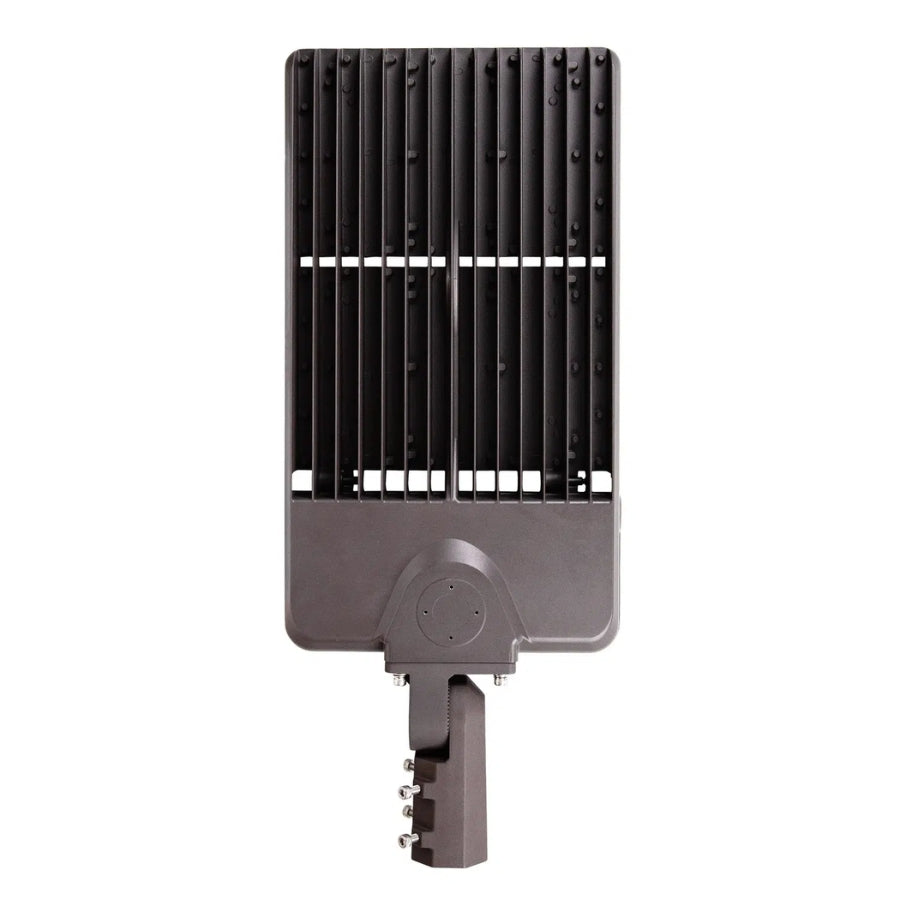 Back view of the UpgradeToLED LED shoebox parking lot light showcasing integrated cooling fins and weather-resistant housing for commercial outdoor use.