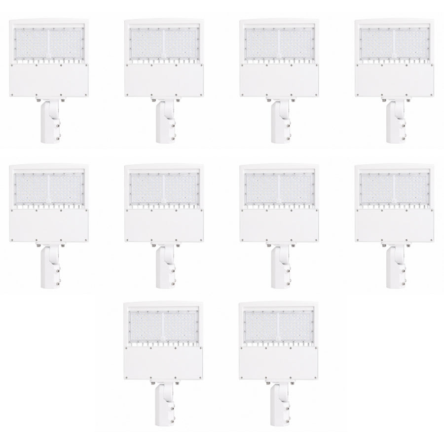 Bulk package of 150W LED shoebox parking lot lights featuring 21,000 lumens, Type III/Type V distribution, 120-277V operation, and DLC Premium certification.