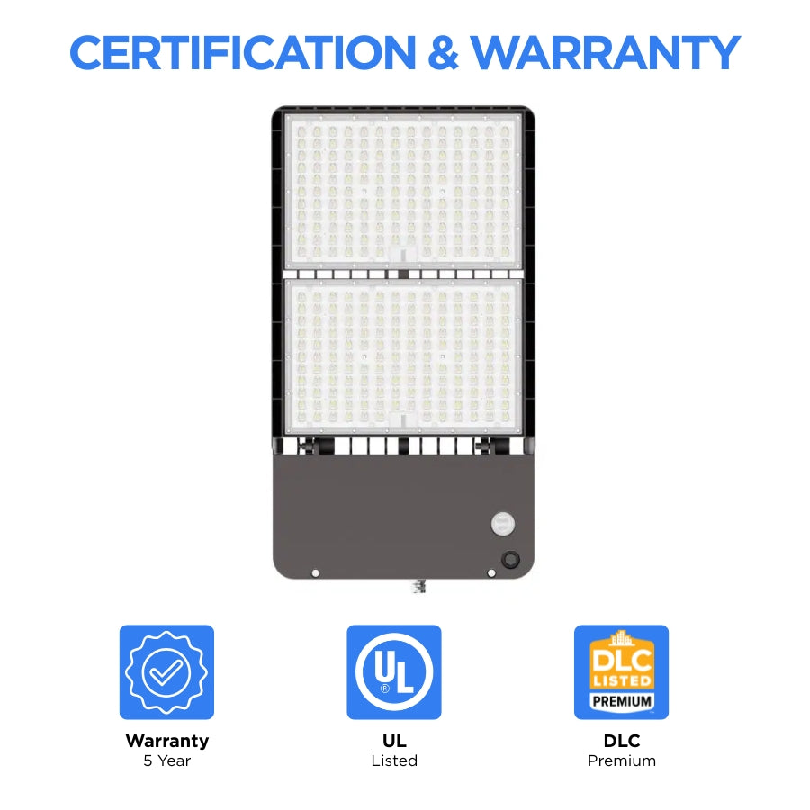 UpgradeToLED LED shoebox light with UL Listed certification, DLC Premium qualification, and a 5-year manufacturer warranty for commercial lighting applications.