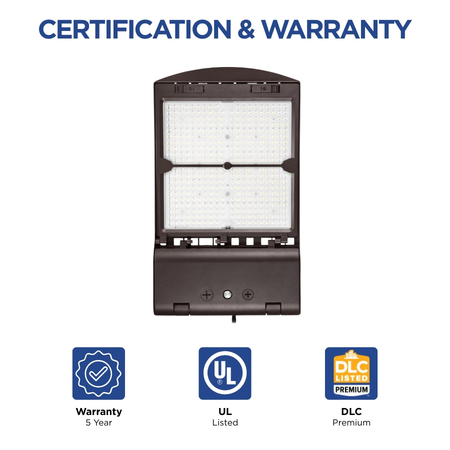 A dark brown LED outdoor wall light centered on a white background, with the text 'CERTIFICATION & WARRANTY' above it and three certification icons below: 'Warranty 5 Year,' 'UL Listed,' and 'DLC Premium.'.