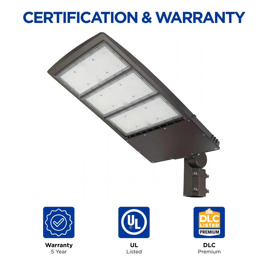 UpgradeToLED LED parking lot light with UL Listed certification, DLC Premium qualification, and a 5-year warranty for commercial and industrial lighting applications.