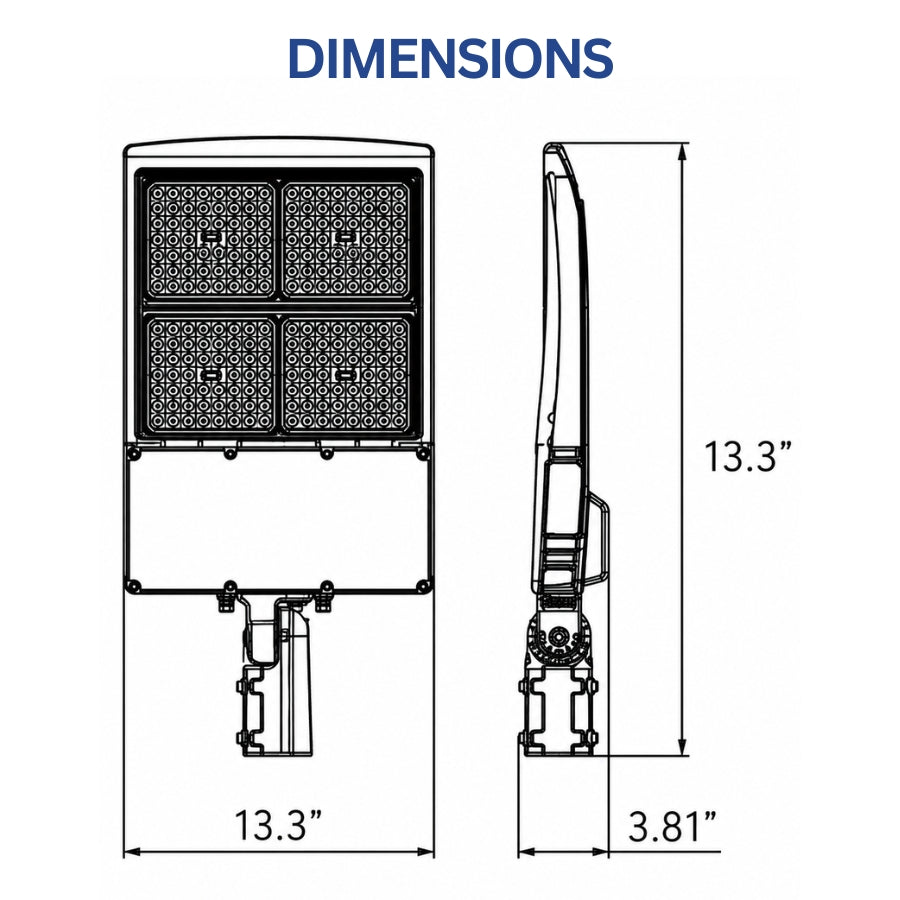 Engineering dimension diagram for the UpgradeToLED 300W LED parking lot light showing fixture dimensions, mounting configuration, and profile measurements.