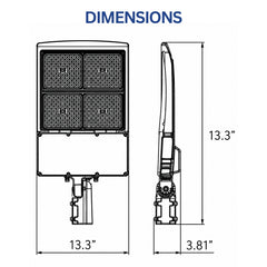 Engineering dimension diagram for the UpgradeToLED 300W LED parking lot light showing fixture dimensions, mounting configuration, and profile measurements.