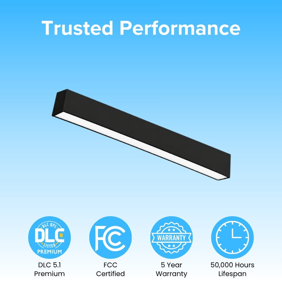 UpgradeToLED black LED linear fixture featuring DLC 5.1 Premium certification, FCC certification, 5-year warranty, and 50,000-hour lifespan