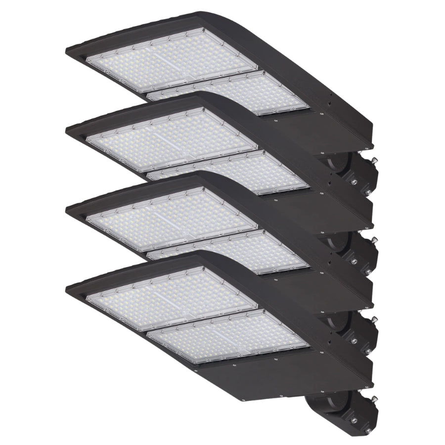 Four-pack UpgradeToLED 300W LED parking lot lights with bronze housing and photocell sensors for commercial parking lots, roadways, and security lighting.