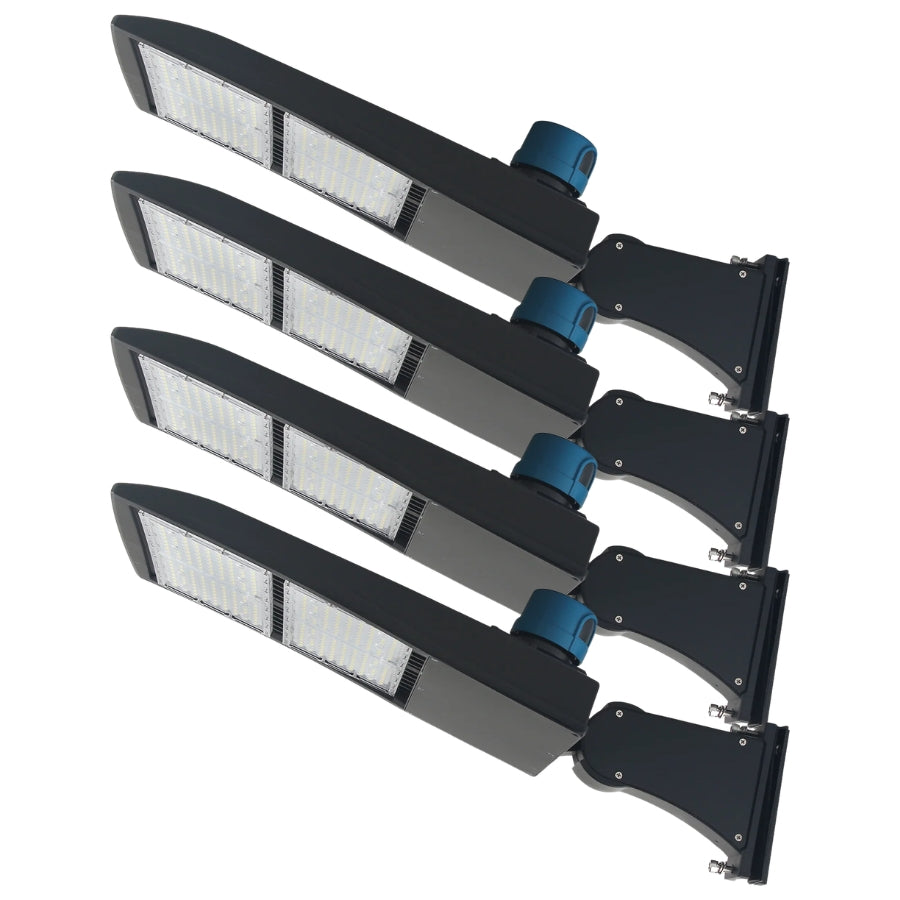 Four-pack set of UpgradeToLED 300W LED parking lot lights with integrated photocells, ideal for parking lots, roadways, and commercial properties.