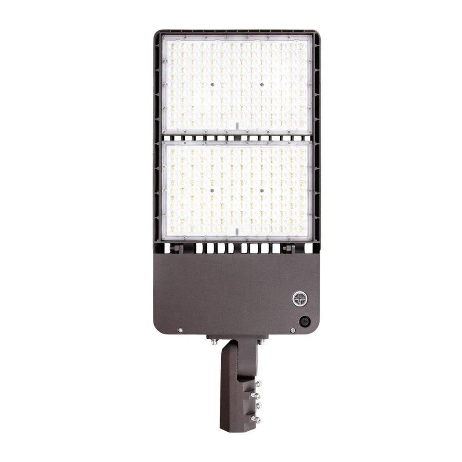 Front view of UpgradeToLED selectable LED shoebox parking lot light featuring 300W–500W wattage selection, 3CCT tunable color temperatures, Type III distribution, and up to 80,000 lumens output.