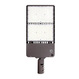 Front view of UpgradeToLED selectable LED shoebox parking lot light featuring 300W–500W wattage selection, 3CCT tunable color temperatures, Type III distribution, and up to 80,000 lumens output.