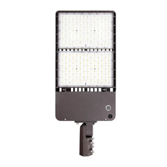Front view of UpgradeToLED selectable LED shoebox parking lot light featuring 300W–500W wattage selection, 3CCT tunable color temperatures, Type III distribution, and up to 80,000 lumens output.