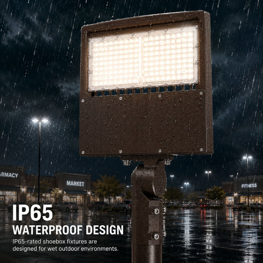 Outdoor LED parking lot light with IP65 waterproof rating designed for reliable operation in rain, snow, and harsh weather conditions.