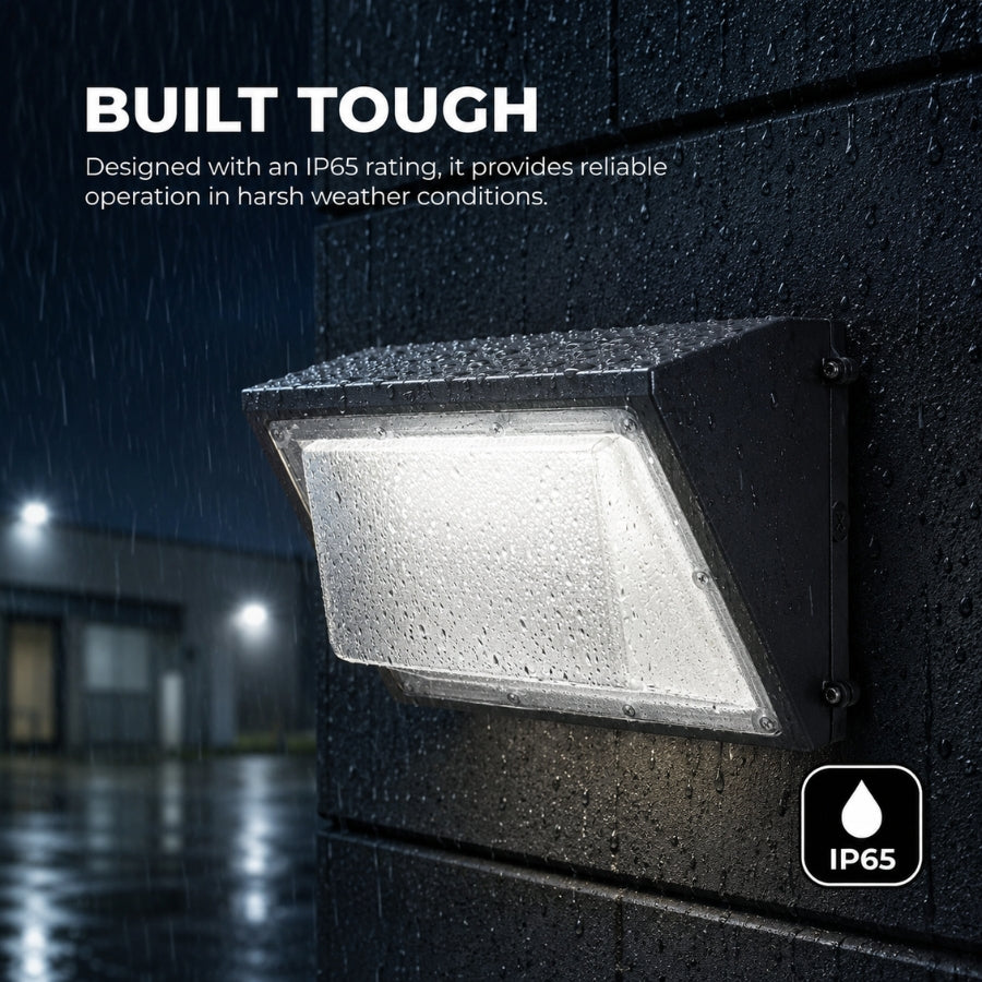 150W Semi Cutoff LED Wall Pack operating in harsh rainy weather with an IP65-rated weatherproof housing for reliable outdoor commercial and industrial lighting.