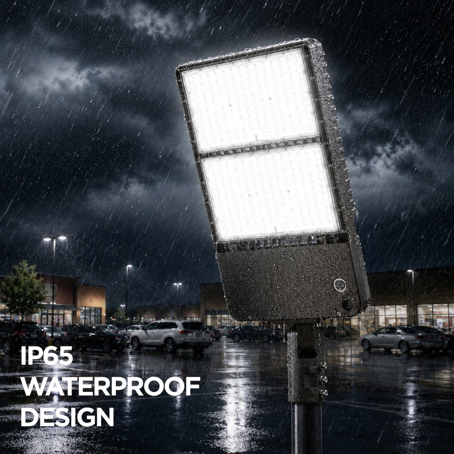 UpgradeToLED LED shoebox light operating during heavy rain, highlighting its IP65-rated waterproof construction for reliable outdoor parking lot and area lighting.