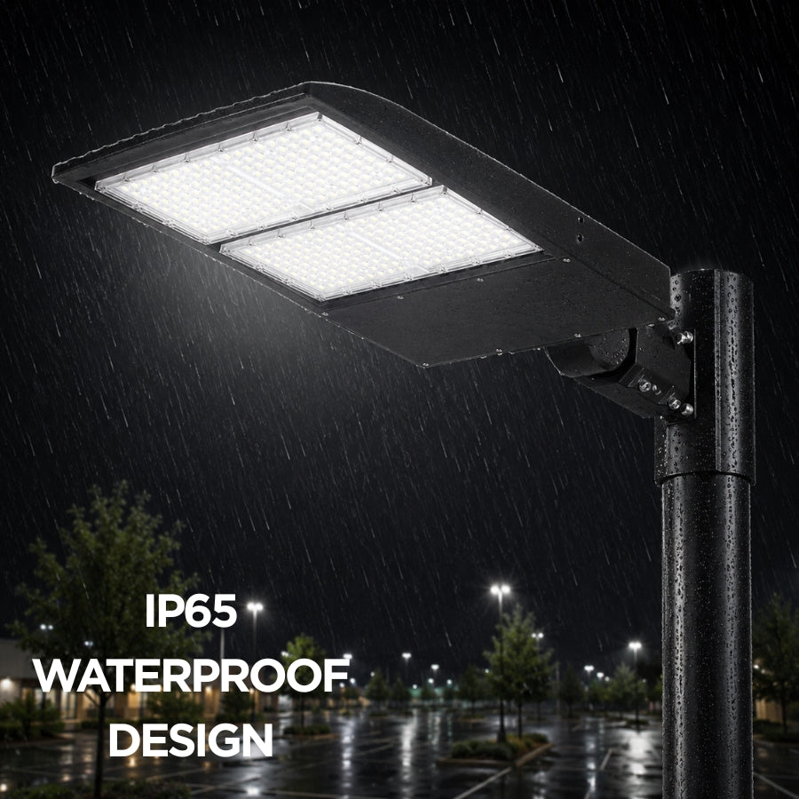 UpgradeToLED 300W LED parking lot light mounted outdoors in rainy conditions, demonstrating IP65 waterproof performance and reliable all-weather operation.
