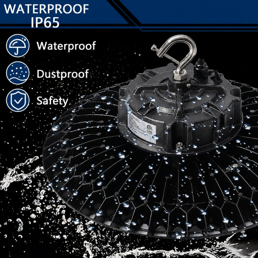 IP65 waterproof selectable UFO LED high bay light with black aluminum housing for warehouses, factories, gyms, workshops, and commercial facilities.