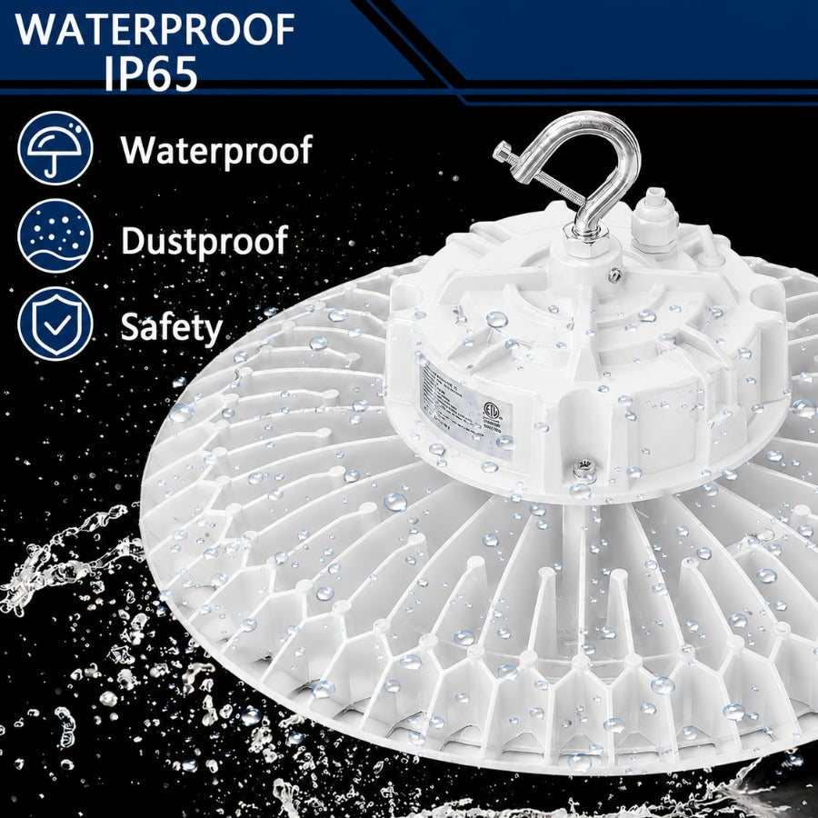 White housing UFO LED high bay light with IP65 waterproof protection, dustproof construction, and durable design for warehouses, factories, gymnasiums, and industrial facilities.