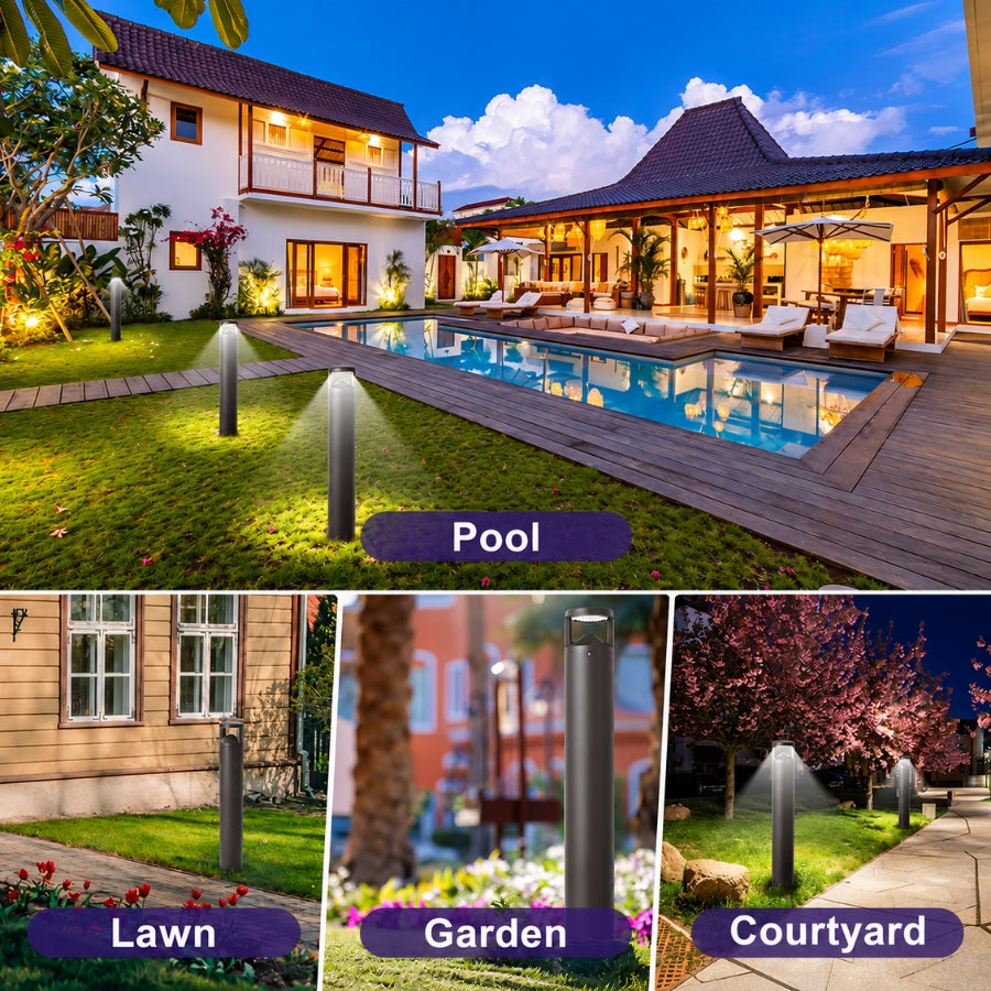 Outdoor LED bollard light illuminating a pool lawn garden and courtyard for residential landscape lighting
