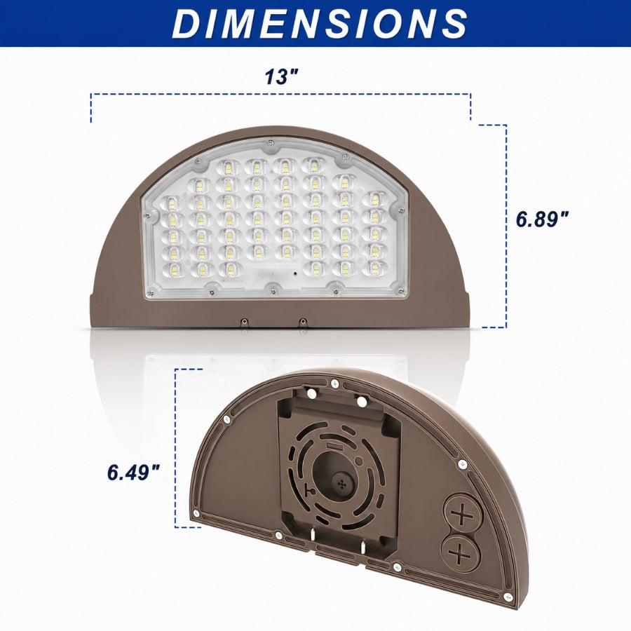 Dimension diagram of the LED Half Moon Wall Pack measuring 13 inches wide, 6.89 inches high, and 6.49 inches deep with universal mounting configuration.