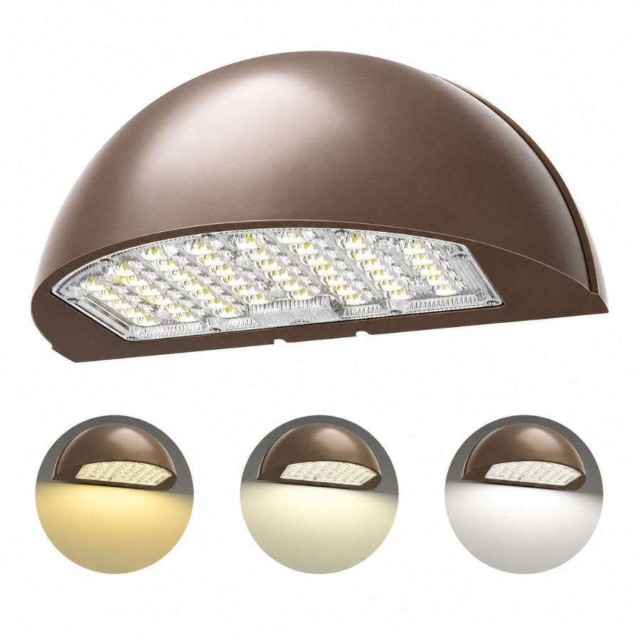 Front view of the LED Half Moon Wall Pack with selectable 48W, 64W, and 80W output, 3CCT tunable 3000K, 4000K, 5000K, integrated photocell, and up to 10,800 lumens.