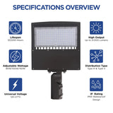 An infographic detailing features of the commercial light including a 50,000-hour lifespan, 21,000 lumens, selectable wattage, Type III and V distribution, and IP65 waterproof rating.